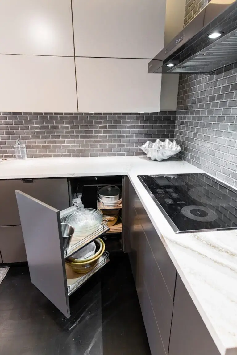 Renowned Group modern kitchen corner cabinet with pull out storage and glass cooktop