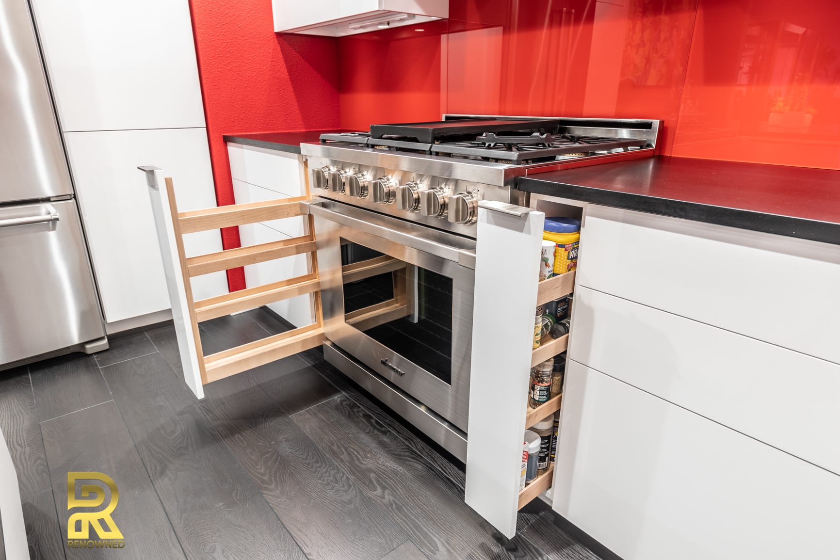 Red Hot Dallas High Rise Condo Kitchen with StyleCraft Cabinets After Remodeling by Renowned Renovation