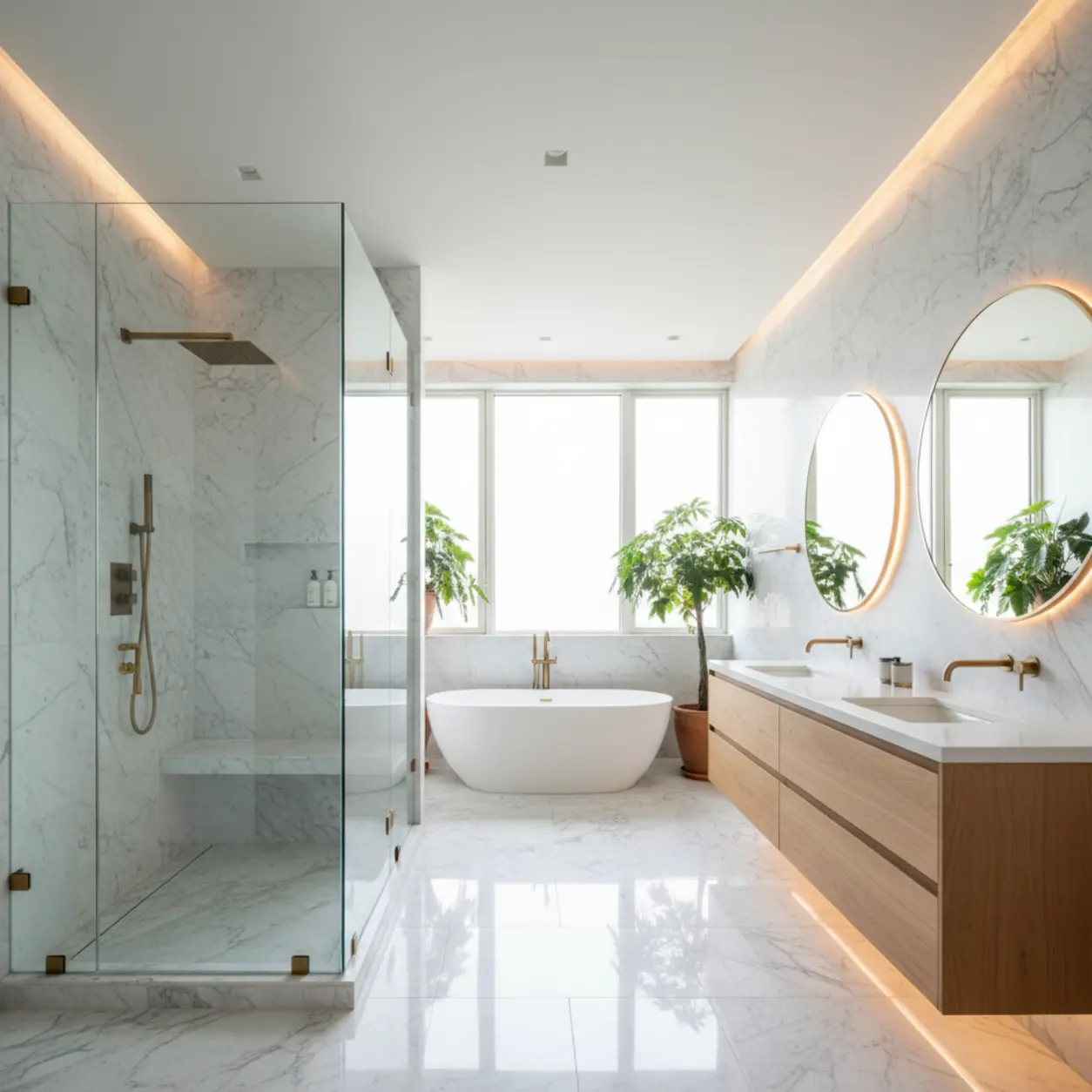 A luxury Dallas primary suite showcasing bespoke marble finishes that reflect the true average time to remodel bathroom spaces with uncompromising quality.
