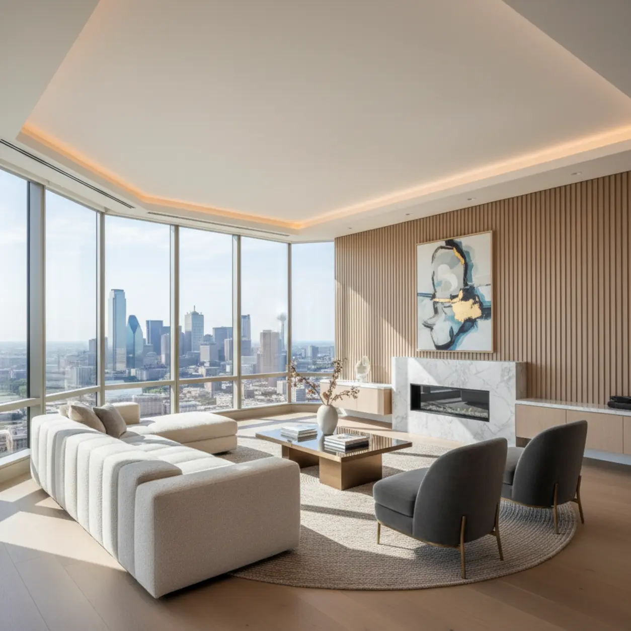 A beautifully designed Dallas high-rise living space showcasing how expert planning successfully navigates strict condo renovation rules.