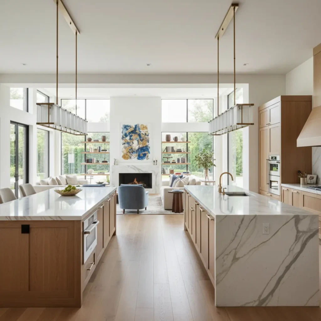 A luxurious open-concept kitchen in a Dallas estate, illustrating exactly how to find a contractor for home renovations of the highest quality.