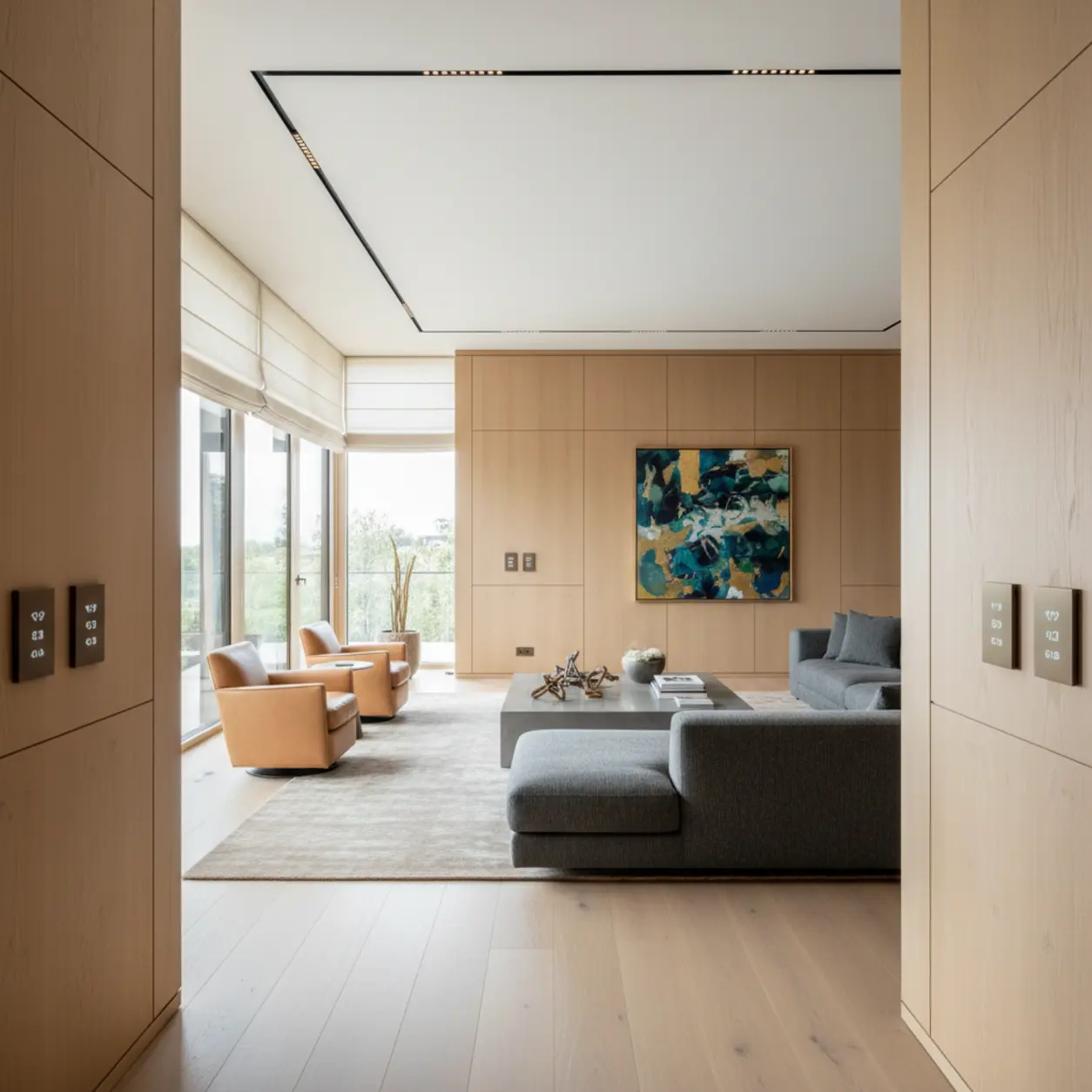 A beautifully designed luxury living room demonstrating how invisible smart home solutions seamlessly blend technology into high-end aesthetics.