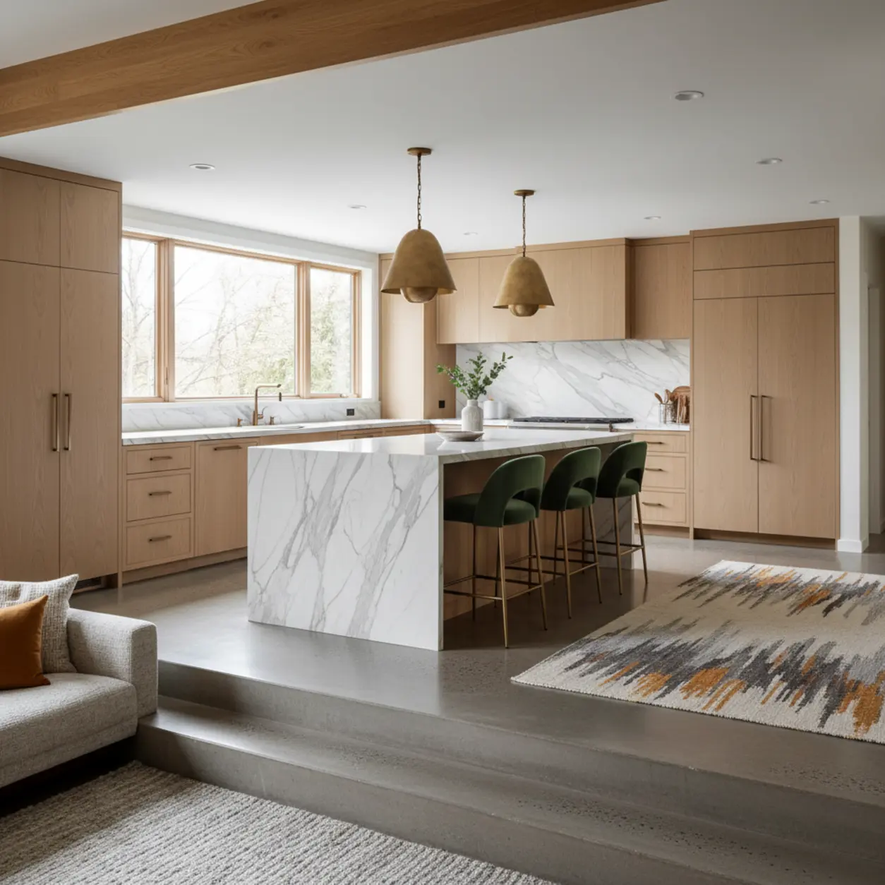 A stunning open-concept 1970's split level kitchen remodel in Dallas featuring bespoke white oak cabinetry and a luxury marble waterfall island.