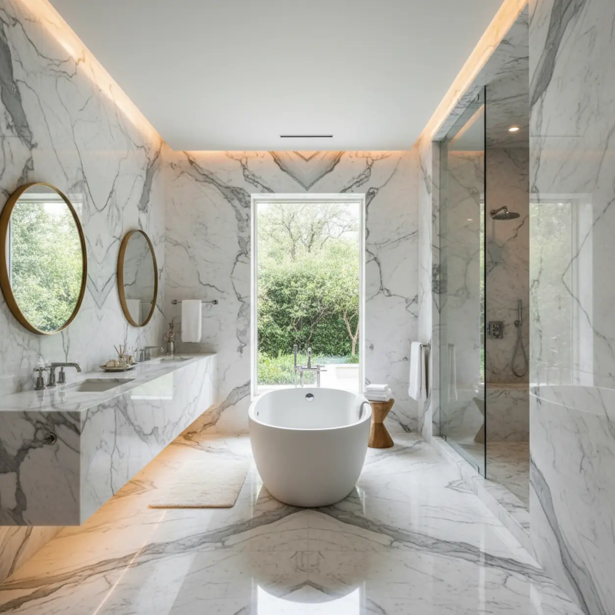 Spacious luxury bathroom remodel Dallas featuring book-matched marble and a freestanding tub