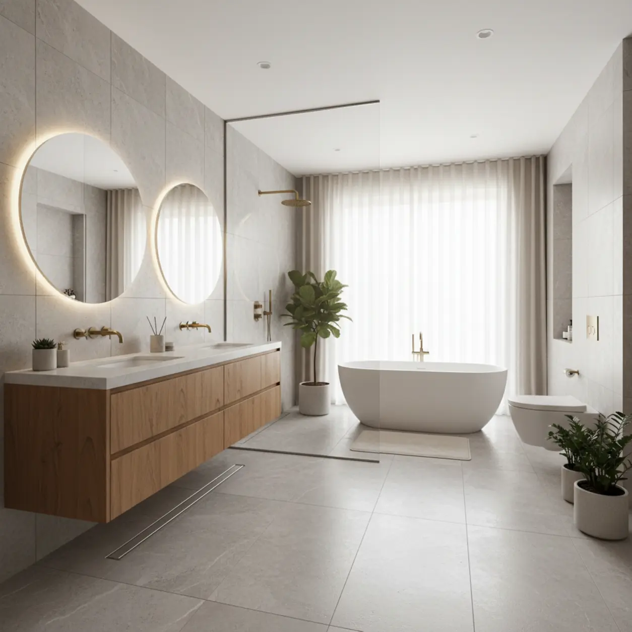 A luxurious zero-threshold shower and custom floating vanity showcasing our seamless approach to high-end bathroom remodeling for veterans.