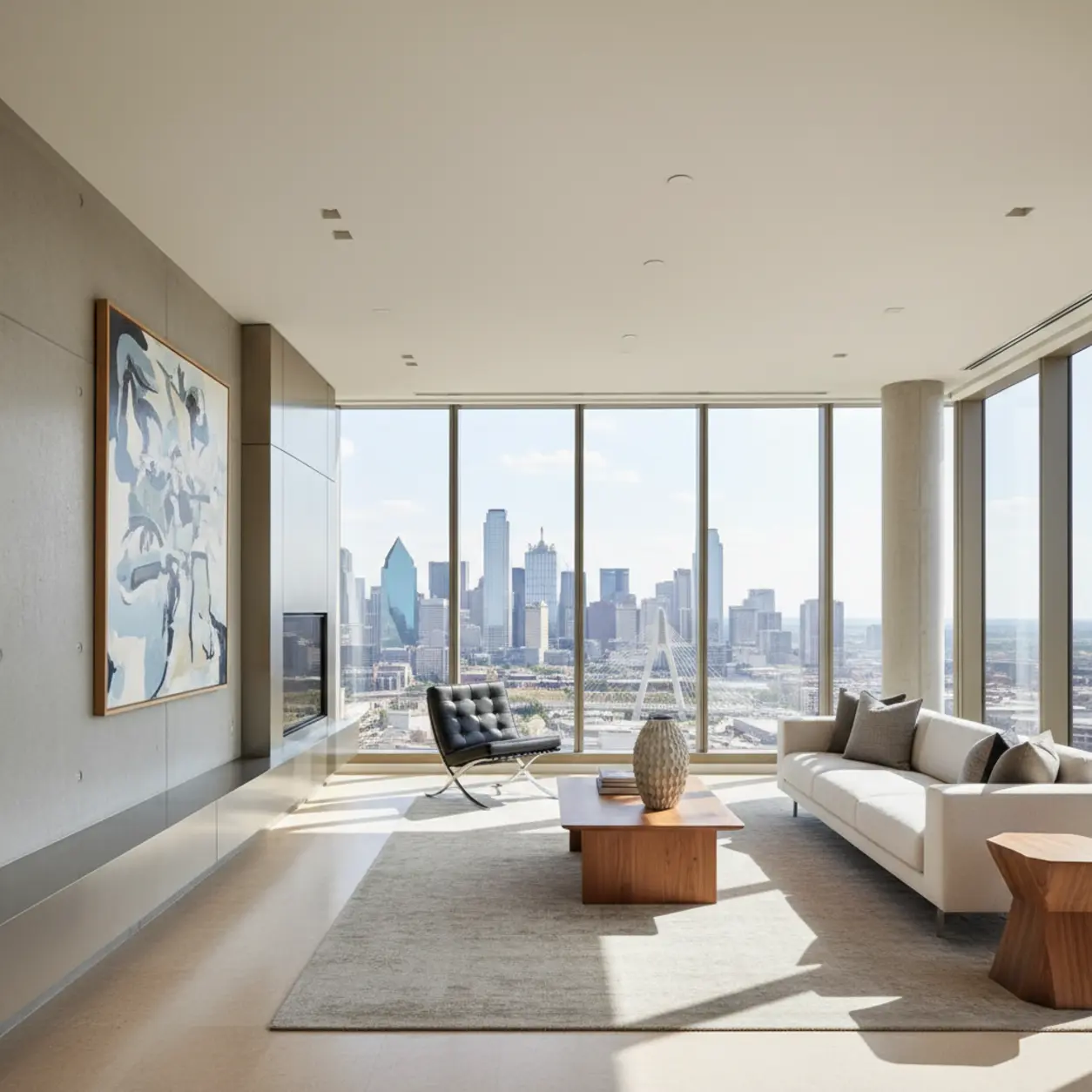 Spacious living area featuring custom millwork after a luxury condo remodel in Dallas.