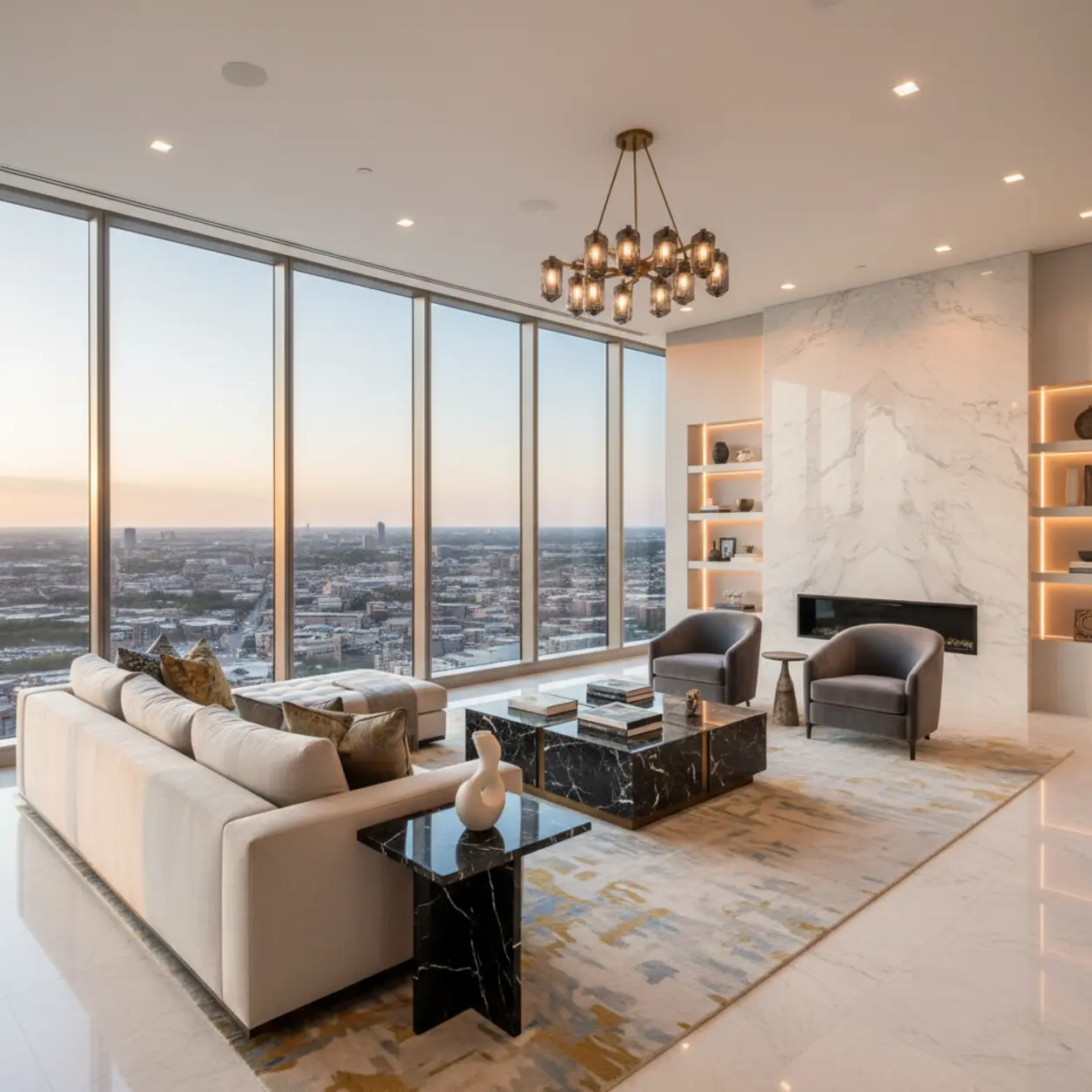 Modern high-rise interior designed by expert condo renovation contractors in Dallas featuring skyline views.