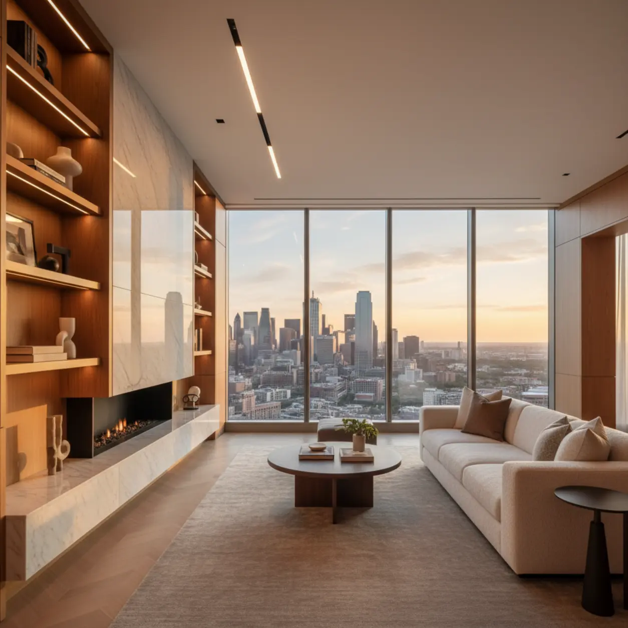 Modern living area showcasing a high-end condo renovation in Dallas with custom millwork and skyline views.