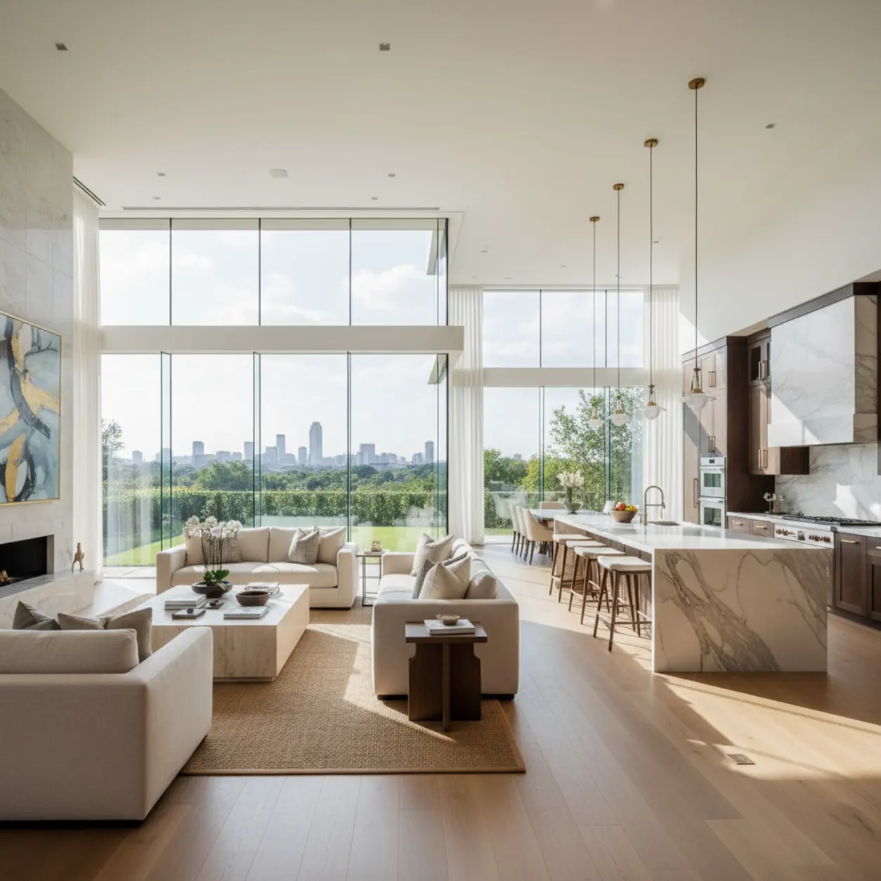 A stunning, sunlit open-concept living area and kitchen showcasing bespoke Dallas home remodeling solutions with elegant natural stone finishes.