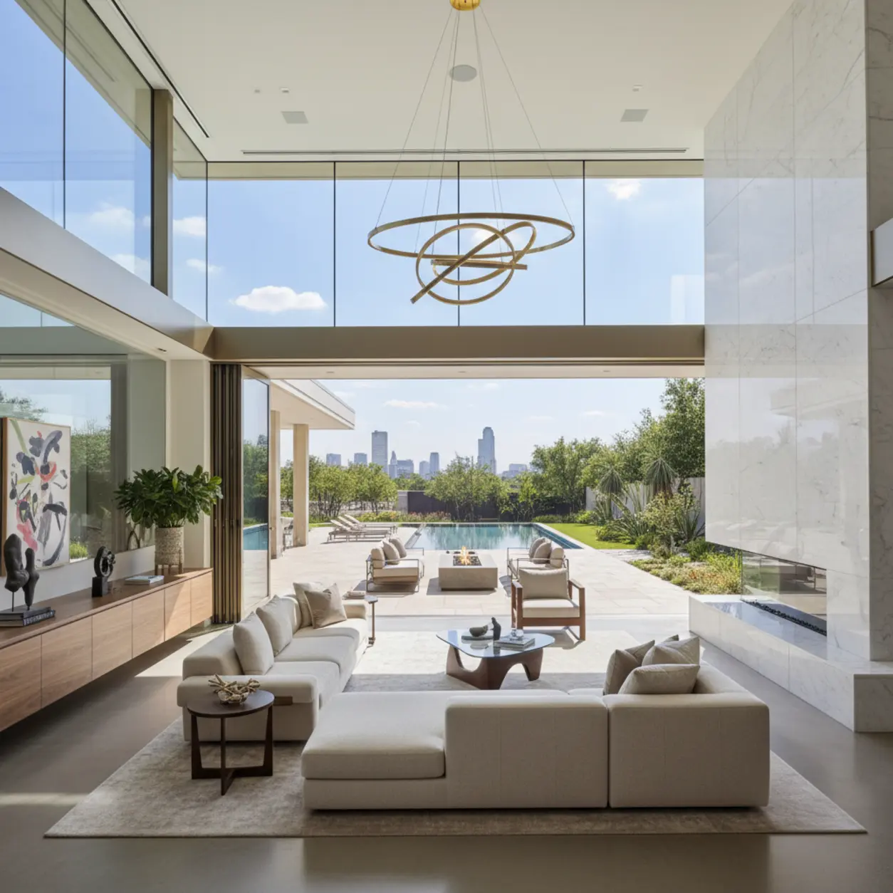 Spacious luxury living area featuring floor-to-ceiling glass walls and high-end finishes, showcasing expert home remodeling Dallas craftsmanship.