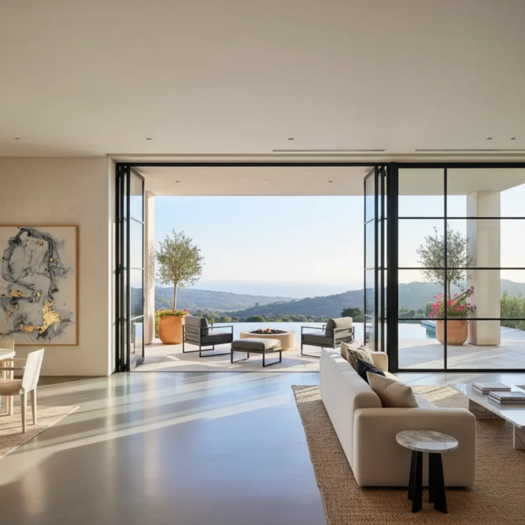 luxury home renovation and addition dallas A stunning open-concept living space flowing into an outdoor loggia, showcasing a flawless home renovation and addition for a Dallas estate.