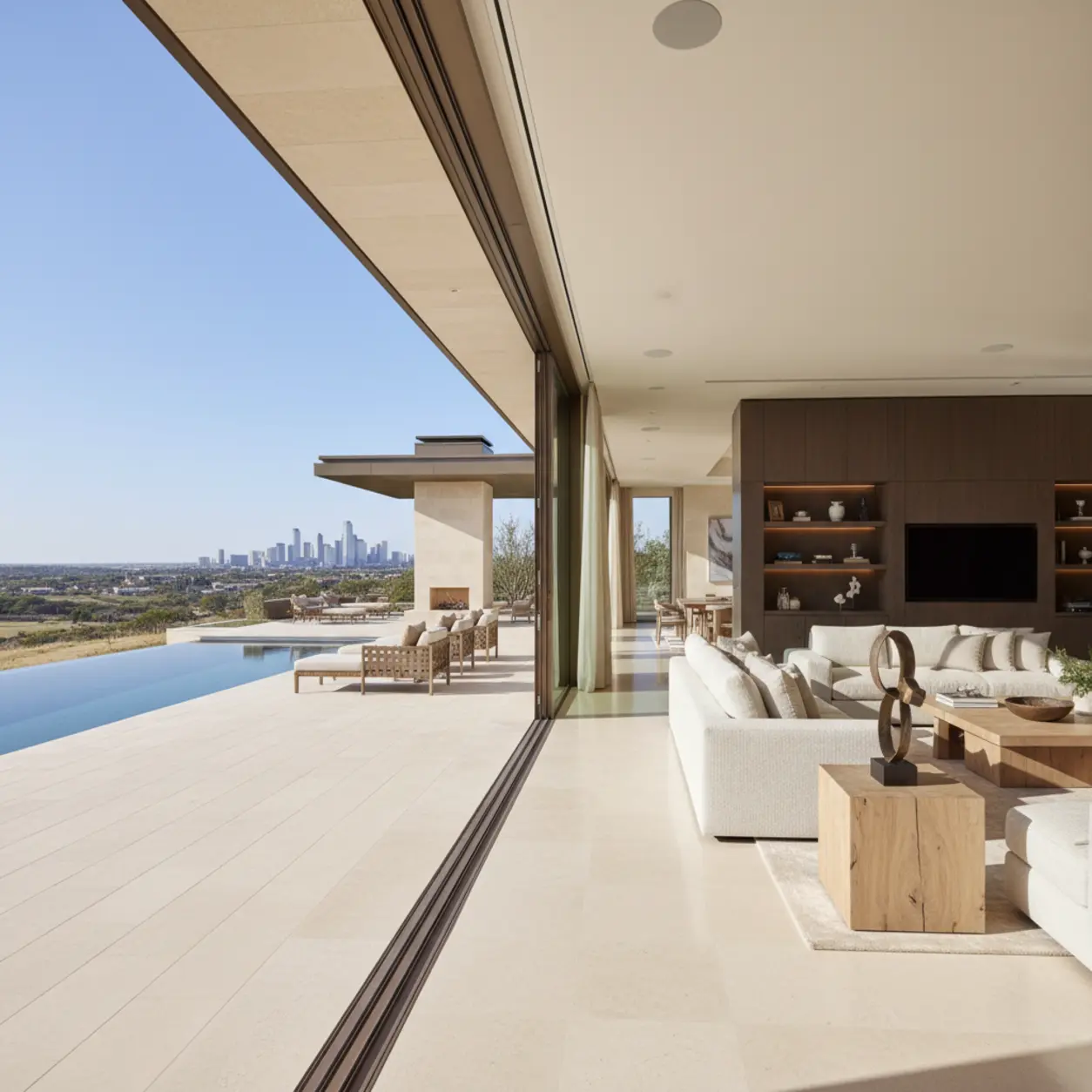 Spacious open-concept living area transitioning to an outdoor loggia showcasing a luxury home renovation Dallas.