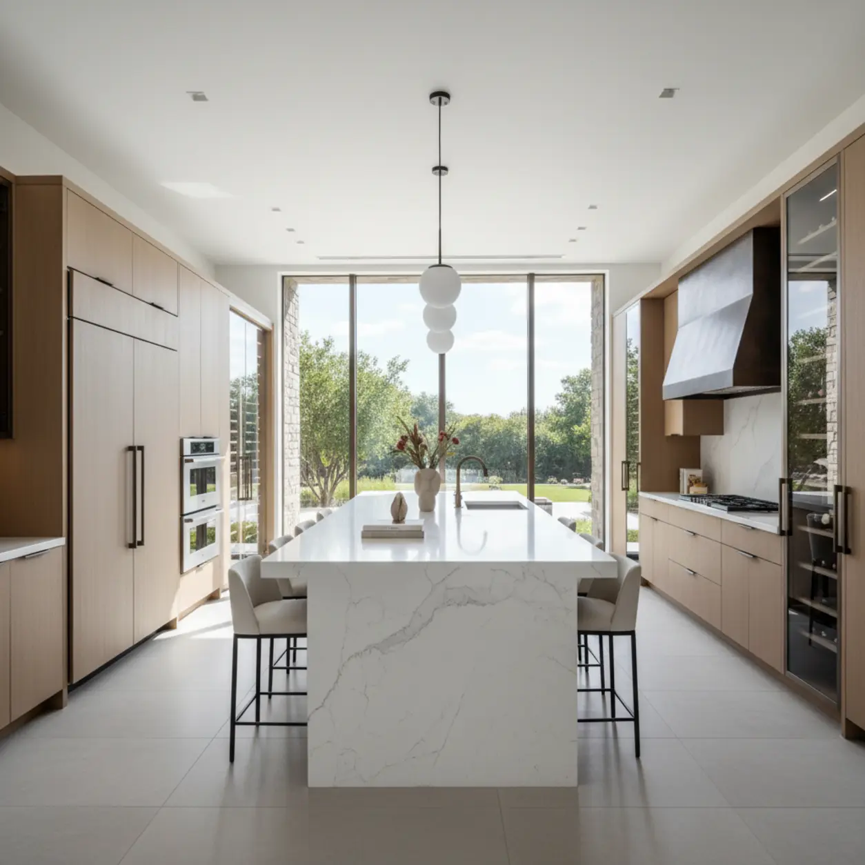 Spacious luxury kitchen renovation featuring natural stone and custom lighting by the expert remodel contractors Dallas homeowners trust at Renowned Group.