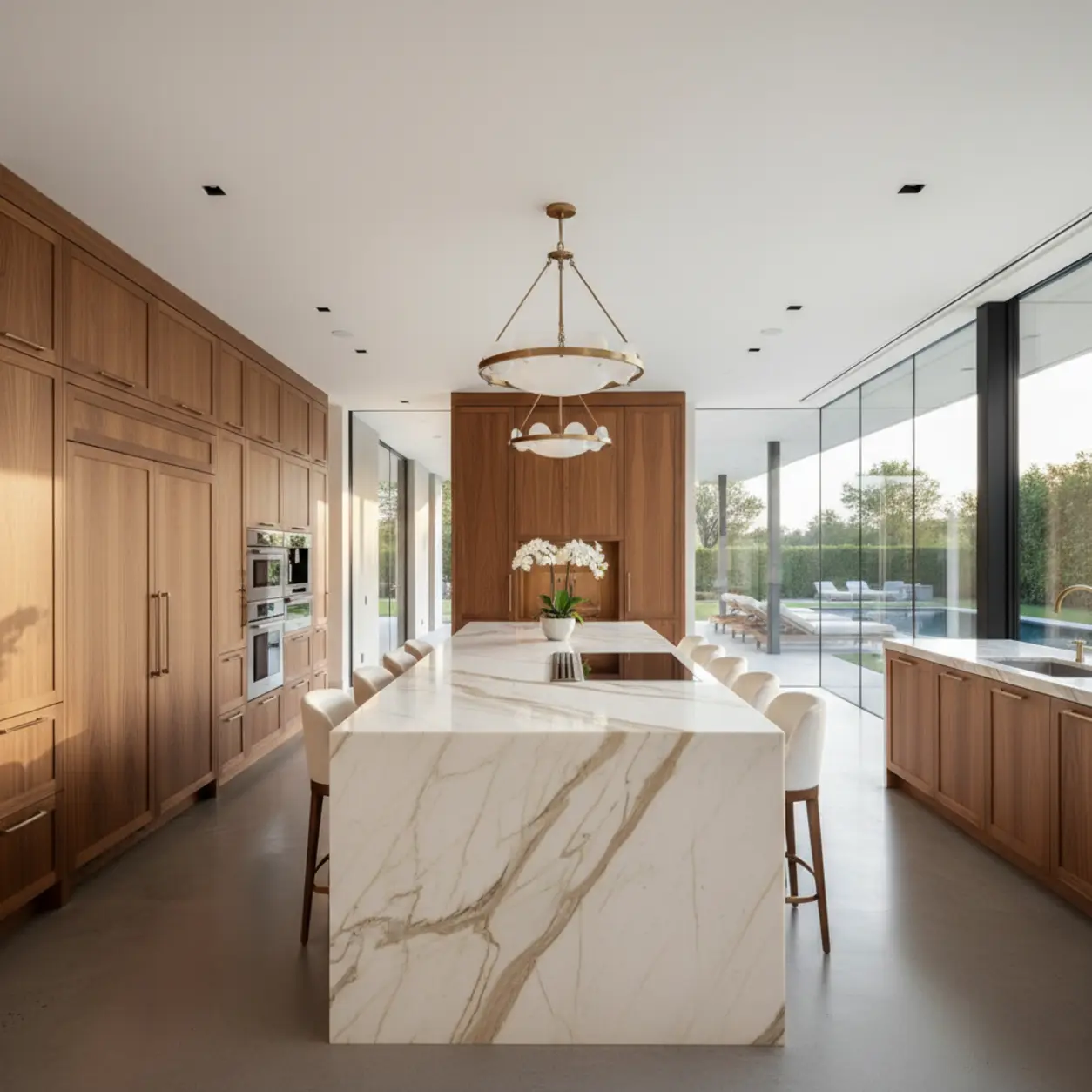Expansive luxury kitchen renovation Dallas featuring book-matched marble, custom millwork, and integrated architectural lighting by Renowned Group.