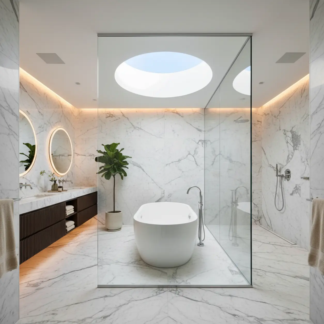 Modern spa-style master bathroom renovation Dallas featuring a wet room and marble finishes.
