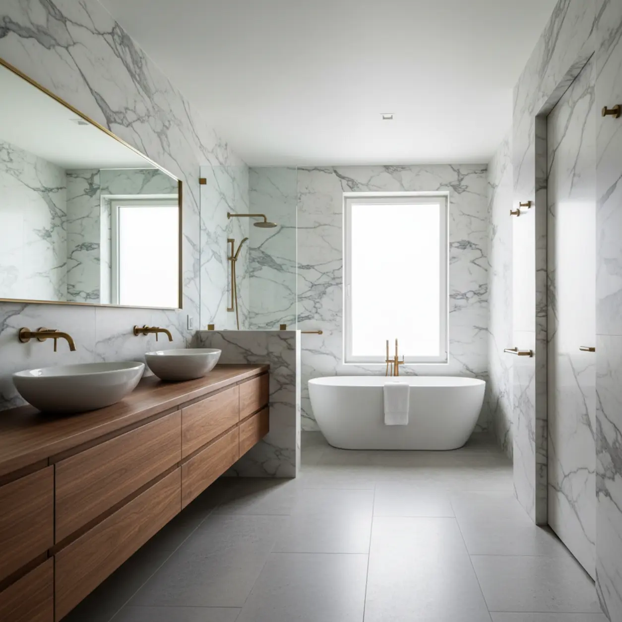 An exquisite luxury en-suite showcasing the finest materials for bathroom remodel, featuring book-matched marble and custom walnut cabinetry.