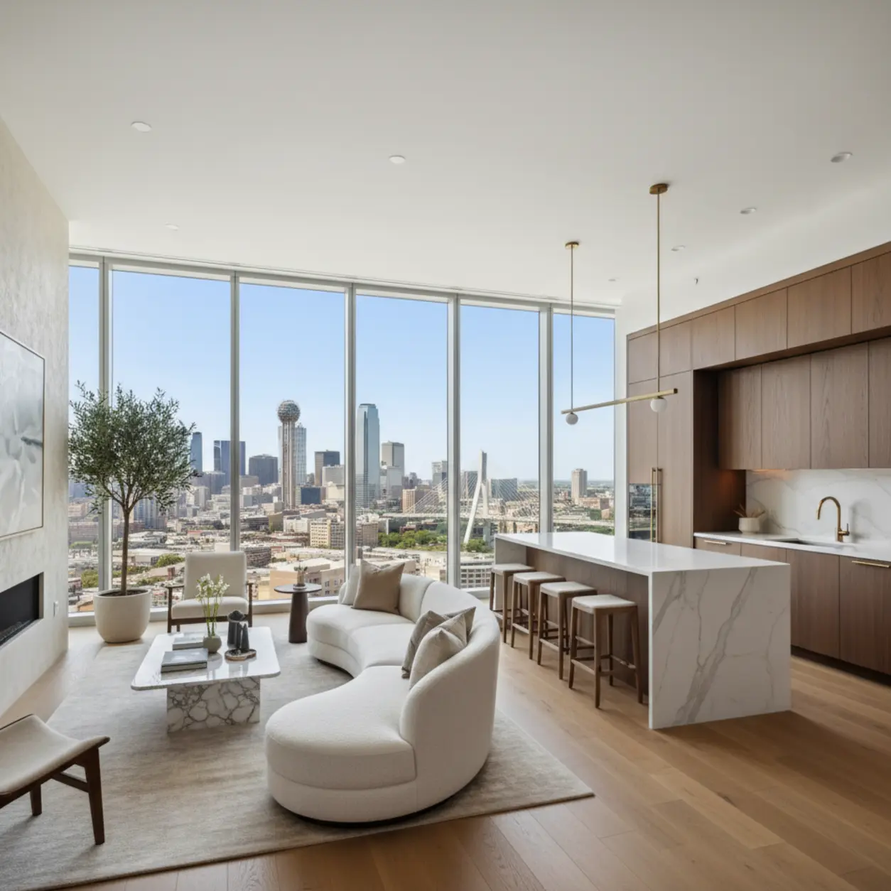 A stunning open-concept living space overlooking the Dallas skyline, showcasing the exceptional results of remodeling a condo with bespoke luxury finishes.